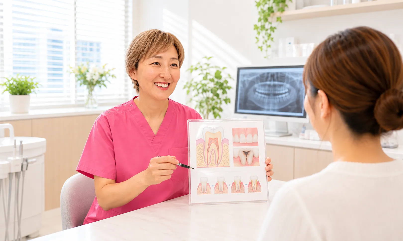 人形町ミント歯科で歯科治療について説明する歯科医師